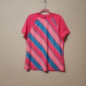New Lands'  End rash guard girls sz XL 14 - 16  pink blue short sleeve